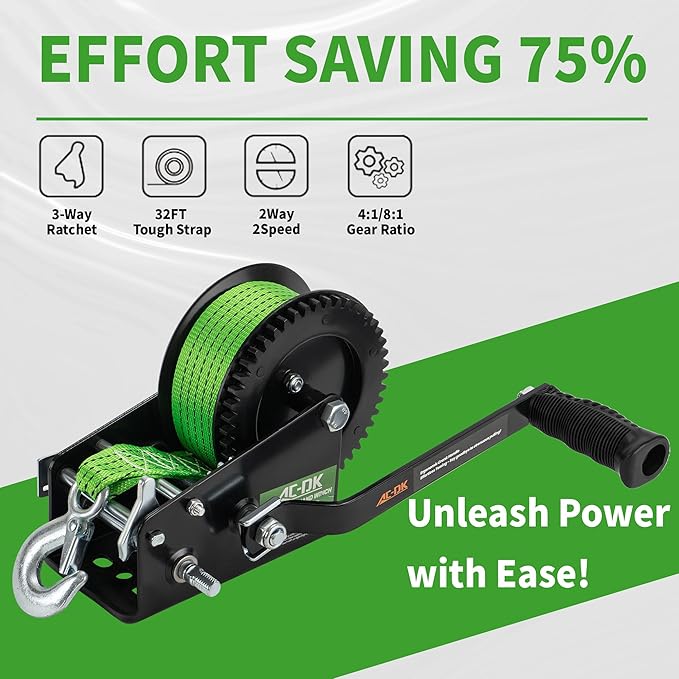 3200lbs Heavy Duty Boat Trailer Winch with 32FT Strap，2-Way Ratchet 4:1/8:1 Gear Trailer Winch，Portable Hand Crank Winch for Boat, Truck, Trailer, RV, ATV, Jet Ski
