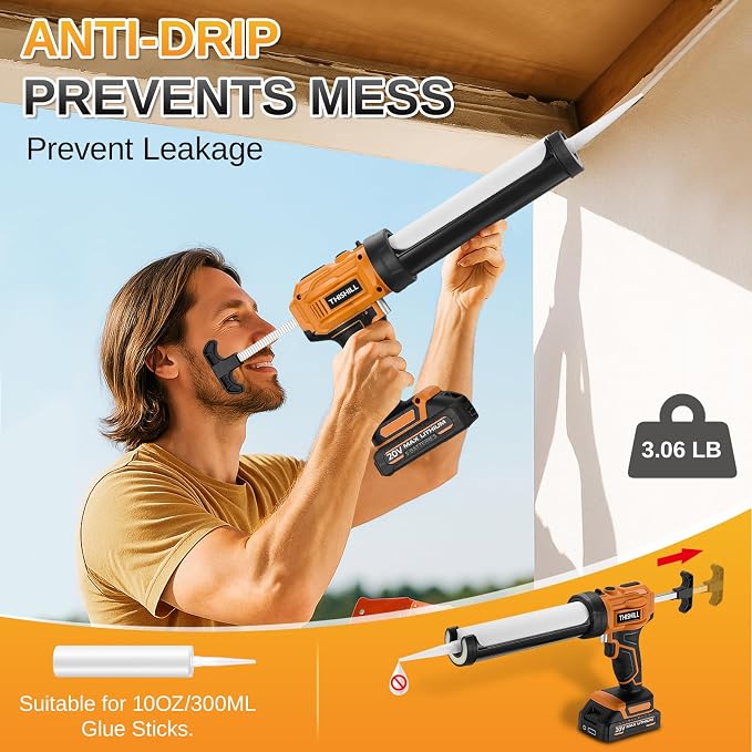 This Hill Cordless Electric Caulk Gun, 10oz Dripless Silicone Hand Caulking Gun with 2 x 2000mAh Batteries, 4 Adjustable Speeds, Built-in LED Light, 9Pcs Caulking Tool Kit for Sealing Filling