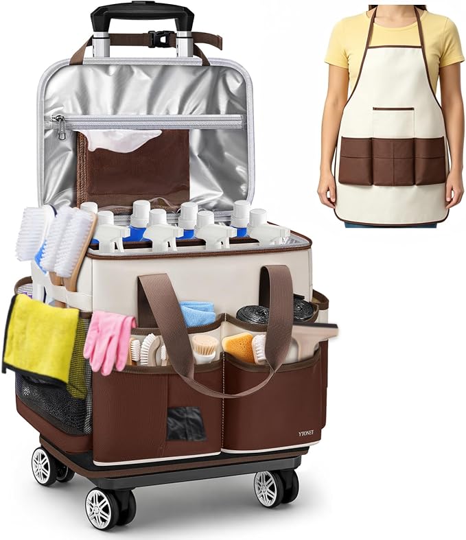 Ytonet Large Cleaning Caddy with 4 Spinner Wheels, Wearable Rolling Cleaning Caddy Bag with Cleaning Apron, Detachable Trolley Portable Cleaning Supplies Organizer Cart for Housekeepers, Car, Tool