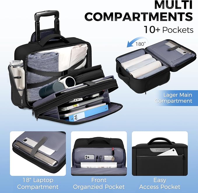 Ytonet Rolling Laptop Bag Women, Rolling Briefcase for Women Men with Cup Holder, 18" Large Carry On Laptops Bags with Wheels, Water Resistant Overnight Roller Computer Bag for Work Travel Business