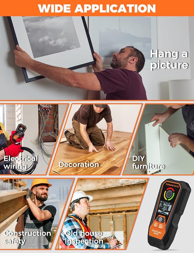 Rechargeable 6 in 1 Stud Finder Wall Scanner POROMETISTO, Positioning Hole for Pipe Wood Studs, Live Wire Detector for Electricians, Ferrous Metals Non-Ferrous Metals, Alarm Wall Detector