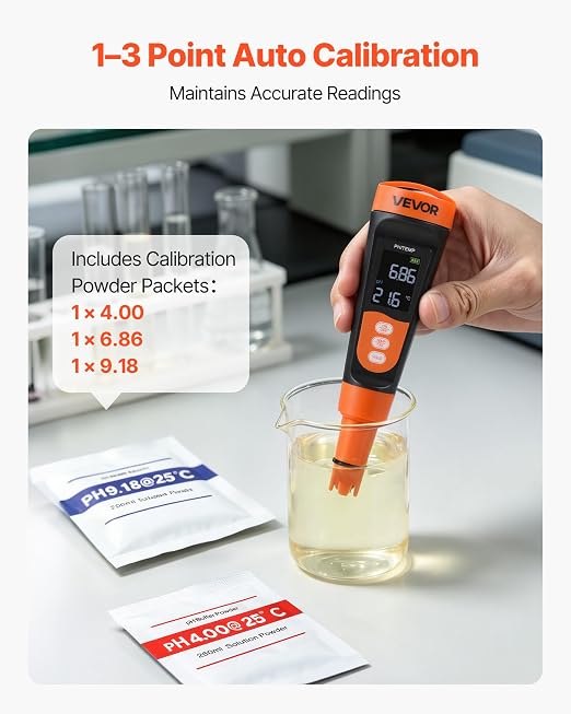 VEVOR pH Meter, 0-14 pH Range, IP68 Waterproof Probe, Pocket Tester Kit with Calibration Powder Packets, VA Display Screen, for Drinking Water, Hydroponics, and Aquarium Water Quality Testing