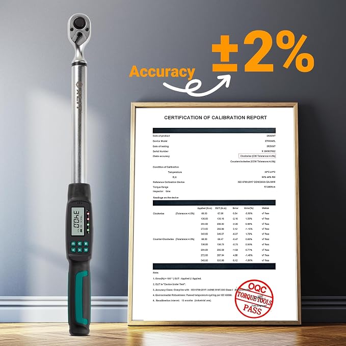 1/2” Digital Torque Wrench Set 7.5-250.8 ft-lb/10.2-340 Nm, ±2% Accuracy, LED & Buzzer Alerts, with 3 Adapters (1/4", 3/8"& Extension Bar), Industrial CR-V Steel for Car, Motorcycle, Bike Repair