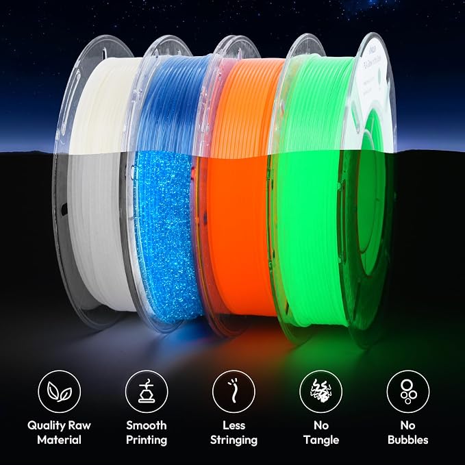 AMOLEN Glow in the Dark 3D Printer PLA Filament Bundle, Glow Shiny Firefly Blue, Orange, Green, and White, 1.75mm PLA Filament for Most FDM 3D Printer, Dimensional Accuracy +/- 0.02 mm, 200g X 4 Pack