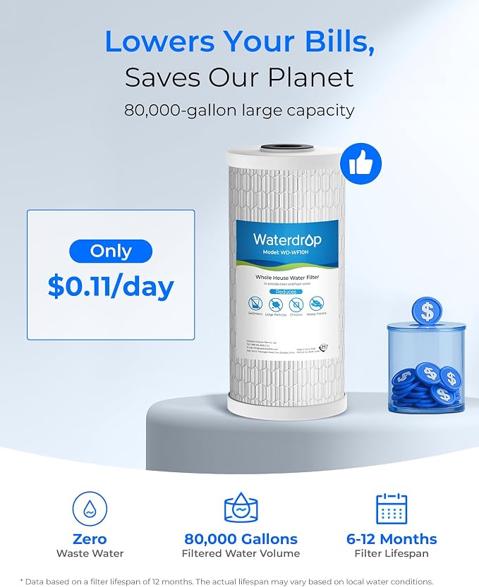 Waterdrop WF10H Whole House Water Filter, Compatible with WHF21-SH and WHF21-PBH, GE FXHTC, GXWH40L, iSpring, Culligan RFC-BBSA, Whirlpool, Any 10" x 4.5" System, Reduces Heavy Metals, Chlorine
