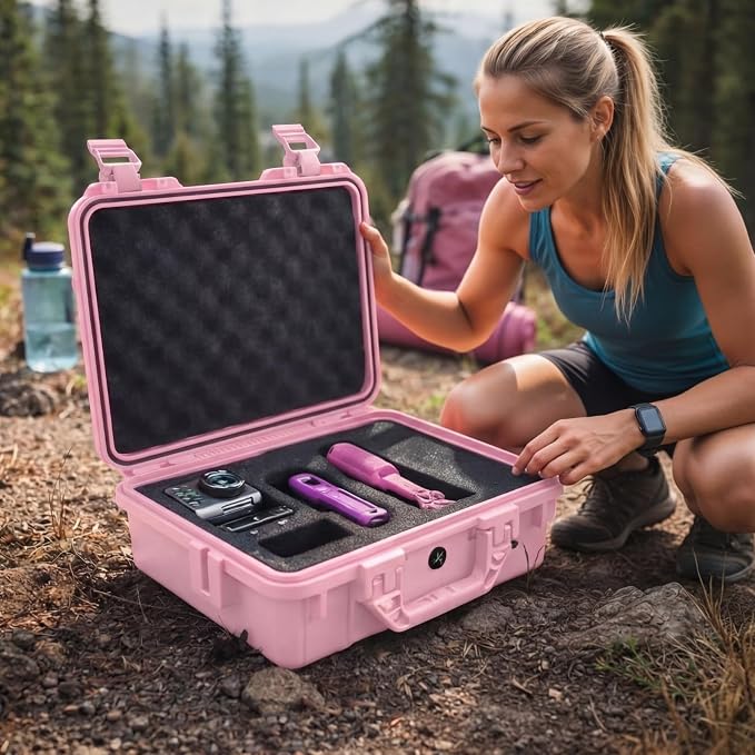 Relaxweex 1 Pcs Waterproof Hard Case with DIY Customizable Foam Insert Portable Protective Case with Knife for Camera Drones Equipments Tools Test Instruments(Pink,11.3 x 8.7 x 4.2 Inch)