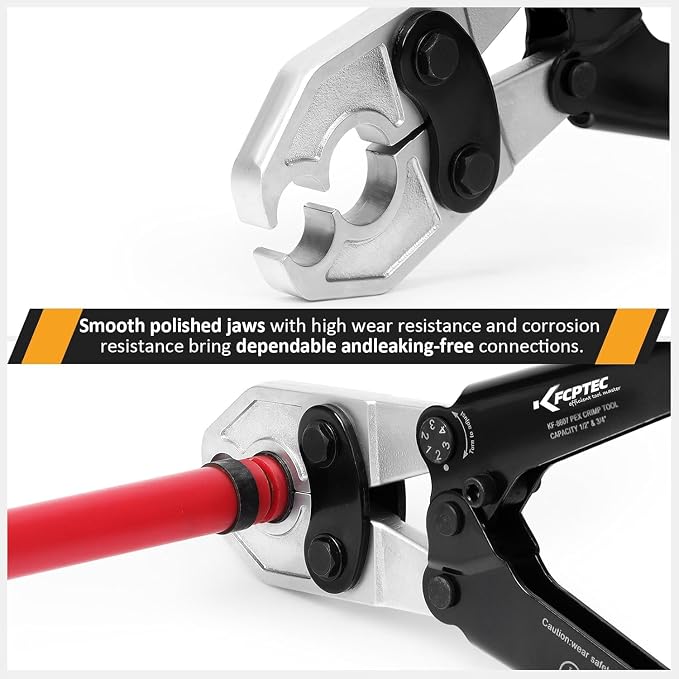 KF CPTEC PEX Crimping Tool, Forged Steel Heavy-Duty Crimper for Copper Crimp Rings (1/2 Inch & 3/4 Inch), Includes Go/No-Go Gauge, ASTM F1807 Compliant Plumbing Tool