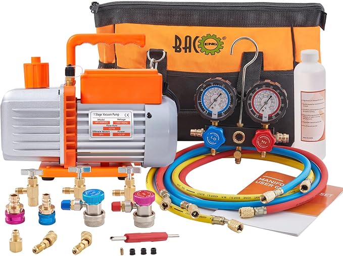 BACOENG R32 AC Vacuum Pump and Gauge Set, 5 CFM HVAC Vacuum Pump Kit for Mini Split System, Sparkless Motor for R32 R410a R1234yf R22 Refrigerants - w/ R410a Mini Split Adapter & 3x5FT Hoses