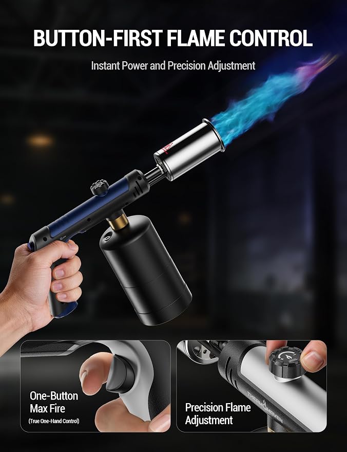 ThermoMaven Propane Torch with One-Touch Max Fire, Blow Torch Gun with Safety Lock, Charcoal Lighter Flamethrower, Kitchen Food Torch Head for Grill, Sous Vide, BBQ, Midnight Cobalt(Tank Not Included)