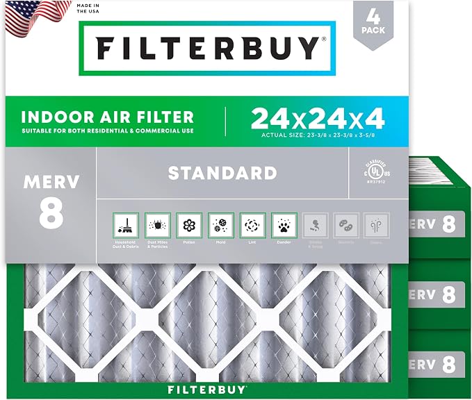 Filterbuy 24x24x4 Air Filter MERV 8 Essential Dust & Allergy Defense (4-Pack), Electrostatic Pleated HVAC AC Furnace Filters Replacement, Made in USA (Actual Size: 23.38 x 23.38 x 3.63)