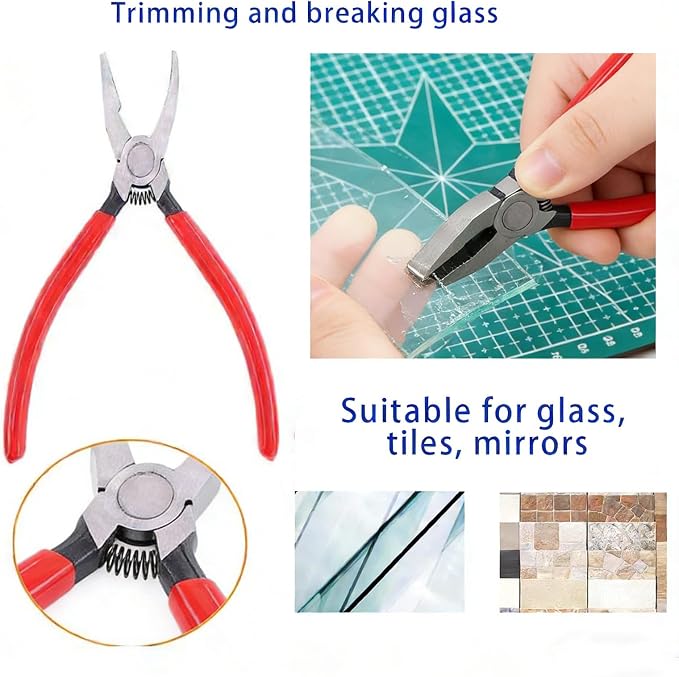 OFCOX Glass Cutting Tool Set Kit, Glass Nipper,Glass Running Plier, Breaking Plier, Oil Feed Glass Cutter Set with Leather Zipper Bag for Stained Glass, Tiles, Mosaic, Mirrors,Bottle, Fusing, Breaking