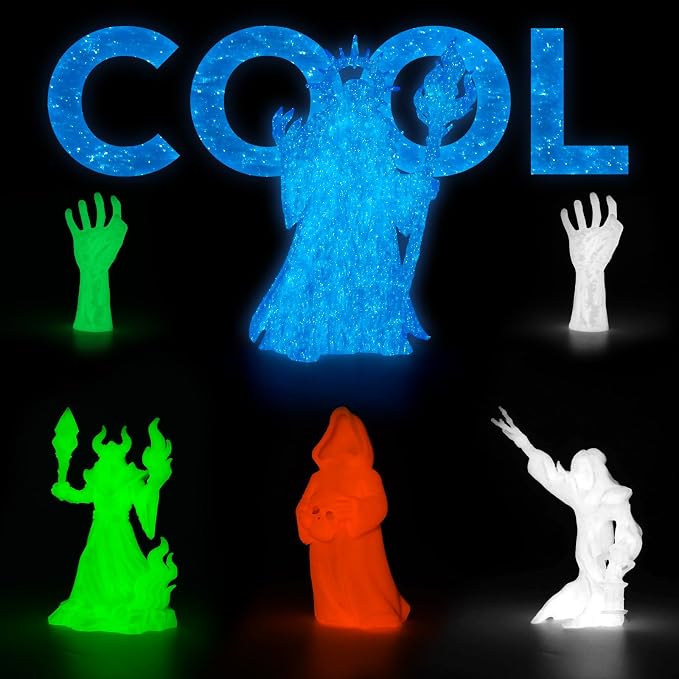 AMOLEN Glow in the Dark 3D Printer PLA Filament Bundle, Glow Shiny Firefly Blue, Orange, Green, and White, 1.75mm PLA Filament for Most FDM 3D Printer, Dimensional Accuracy +/- 0.02 mm, 200g X 4 Pack