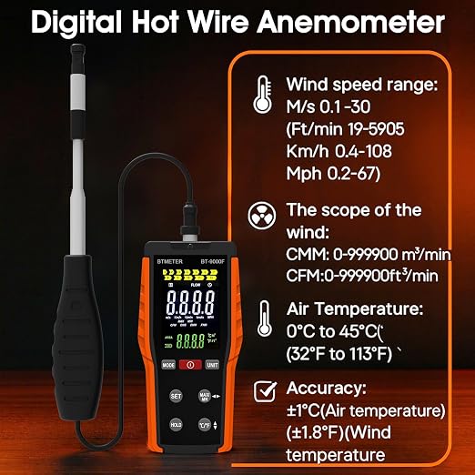 BTMETER Hot Wire Anemometer - CFM/CMM Handheld Wind Speed Meter, Airflow Meter Measure 0.2~67Mph, Thermal Anemometer with 360° Revolve Telescopic Probe & LCD Backlight for HVAC Duct Air Vent BT-9000F