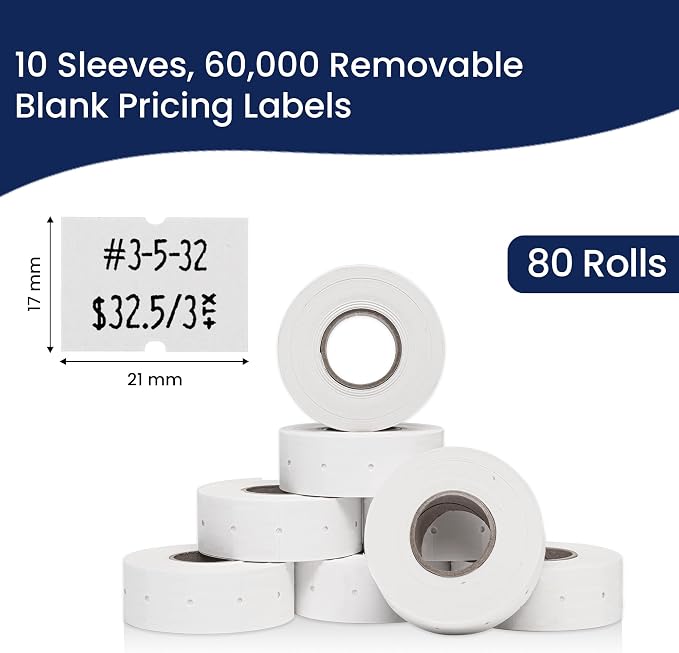 Perco 2 Line Removable Adhesive Labels - 60,000 Blank Price and Date Gun Labels for Perco 2 Line Price and Date Guns - 80 Rolls, 10 Sleeves - Made in USA