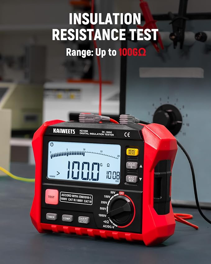 KAIWEETS Megohmmeter, Insulation Resistance Tester, Up to 100GΩ, 50V/100V/250V/500V/1000V, One-Touch DAR/PI, with AC/DC Voltage Testing for Motors, Solar, HVAC