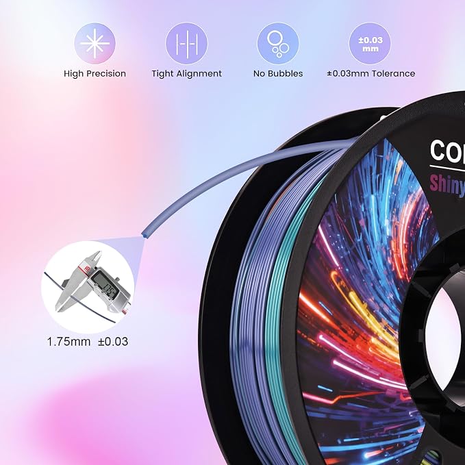 Comgrow Rainbow Colors Silk PLA 3D Printer Filament, PLA Filament 1.75mm, Dimensional Accuracy +/- 0.02 mm, 1KG Spool, Coextrusion 3D Filament with Shiny Silk Rainbow Red