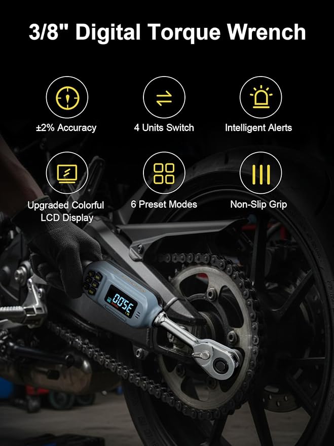 GROWNEER Digital Torque Wrench, 2.2-44.2 Ft-lbs/3-60 Nm, 3/8'' Drive Rachet Torque Wrench with Buzzer & Colorful LED Indicator, Electronic Torque Wrench Set for Bike Motorcycle Auto Repair