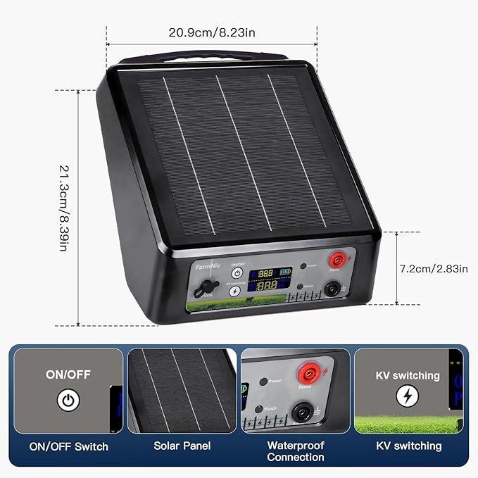 6-12KV Adjustable Output Solar Charger,20 Miles Solar Powered Electric Fence 2 Joules Pulse Energy,24H Protection Solar Powered Electric Fence Kit Suitable for Pets,Poultry,Ranches and Gardens