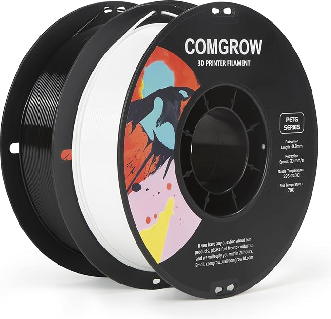 Comgrow PETG 3D Printer Filament 1.75mm, High Precision and Tough 3D Printer Filament 2kg (4.4LBS), Dimensional Accuracy +/- 0.02 mm, Fit Most 3D Printers White+Black