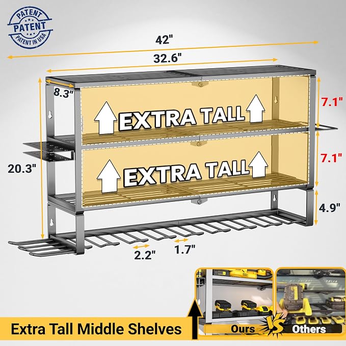 YYR Large Power Tool Organizer Wall Mount, Heavy Duty Metal Cordless Drill Storage Rack with Battery Charging Station Shelf, Utility Racks for Garage Organization, 4 Layer 10 Drills Holder Extra Tall