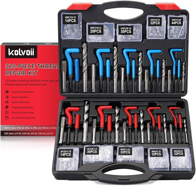 Kolvoii Helicoil Thread Repair Kit 320-Piece, Metric & SAE HSS Drill Bits Tap Set, Spark Plug Engine Stud Insert for Automotive Rethreading Restorer Tool