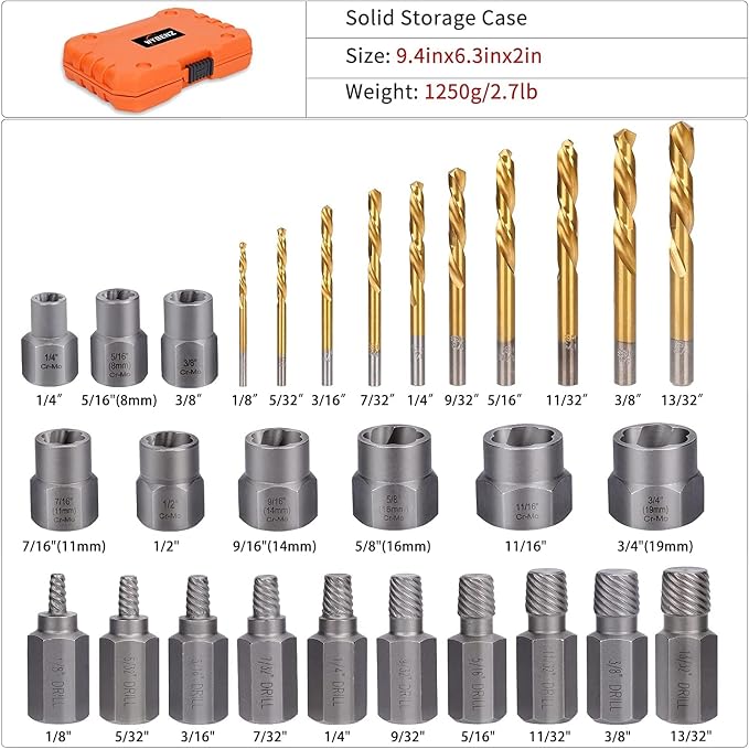 29PCS Screw&Bolt Extractor Set and Left Drill Bit Kit, Easy Out Broken Lug Nut Extraction Socket Set for Damaged, Frozen,Studs,Rusted, Rounded-Off Bolts, Nuts & Screws