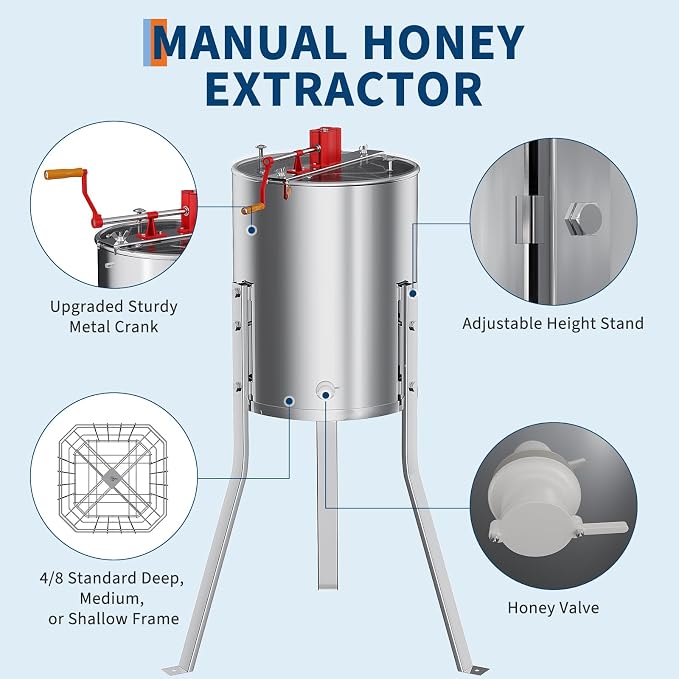 4-8 Frame Honey Extractor Spinner, Stainless Steel Manual Beekeeping Centrifuge
