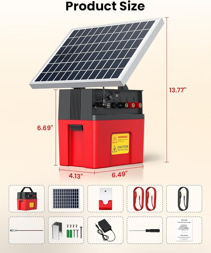 Solar-Powered Electric Fence Charger with Alarm,1.2 Joule Output, Up to 20 Miles Coverage,12000mAh Battery &10W Solar Panel Energizer for Livestock & Predator Deterrence
