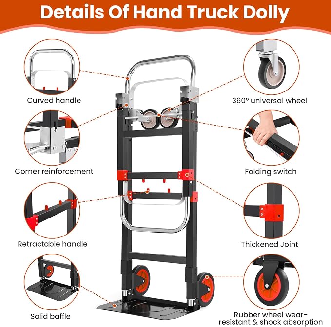 3-in-1 Folding Hand Trucks, 600Lbs Convertible Hand Truck Dolly, Heavy Duty Convertible Dolly with Retractable Handle and 4 Rubber Wheels, Collapsible Cart for Moving Office/Home/Warehous(Red)