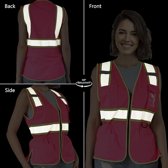 FATONE Women's ANSI Class 2 High-Vis Safety Vest with Reflective Strips, Zipper Pockets & Adjustable Waist - Pink/Yellow Construction Work Vest for Warehouse Personnel, Road Crews XS