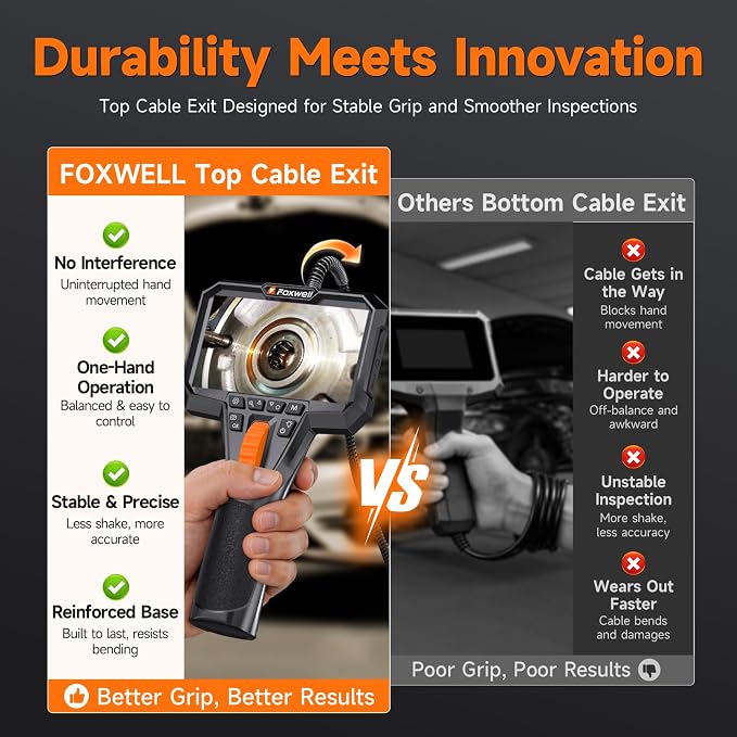 FOXWELL Dual Lens Two-Way Articulating Borescope, 1080P Endoscope Camera with Light, IPS HD Screen, IP67 Waterproof, 5.3FT Flexible Semi-Rigid Snake Scope for Automotive Engine Pipe Home Inspection