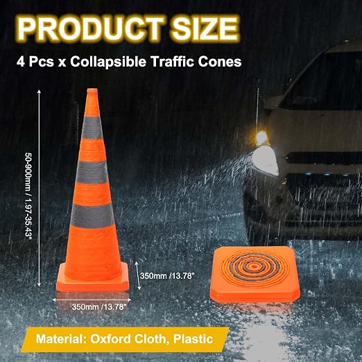 PATIKIL 35.5" 4 Pack Collapsible Traffic Cones, Orange Safety Cones Cones with Reflective Collar Caution Cones for Parking Lot Driving Training Practice Emergency Roadside Barrier