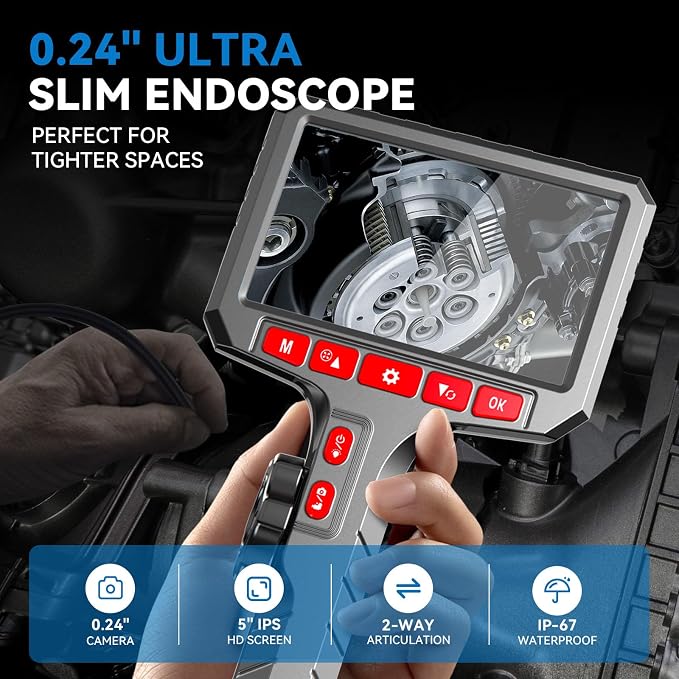 Articulating Borescope Camera with Screen, 2-Way Flexible Inspection Camera with Light, 1080P HD Endoscope Camera with 0.24” Probe, 5in Display, for Engine, Pipe and Wall Inspection, 5ft