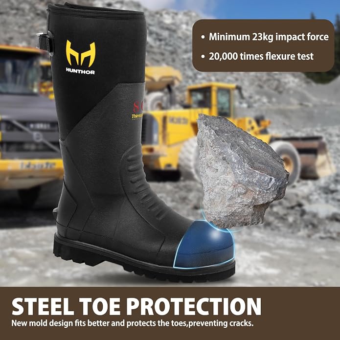 Rubber Work Boots with 800g Insulation, Puncture-Proof Steel Toe & Shank, Lightweight EVA Outsole Waterproof Insulated Neoprene Hunting Boots for Farming, Construction and Manufacturing (Size 6-14)