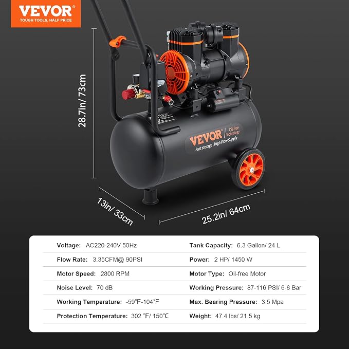 VEVOR 6.3 Gallon Air Compressor, 2 HP 3.35 CFM@90PSI Air Compressors with Max. 116PSI Pressure, Oil Free Compressor Tank for Auto Repair, Tire Inflation, Spray Painting, Woodwork Nailing
