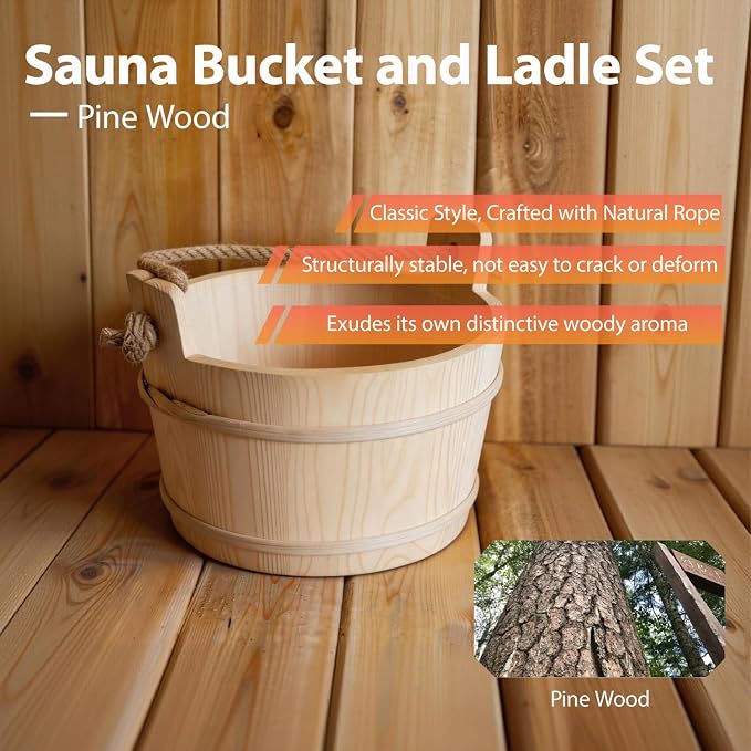 Sauna Bucket and Ladle Set, Handmade from Pine Wood - Core Set (Bucket & Ladle, Thermometer & Hygrometer, Sand Timer, Aromatherapy Bowl Oil Cup) (Pine)