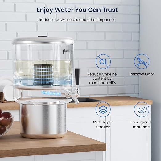 GLACIER FRESH PC04 Gravity-Fed Stainless Steel Countertop Water Filtration System 2.25G, Elarisey™ Filtration Technology, Reduces Heavy Metals, PFOA & PFOS, and Meets SGS Standards