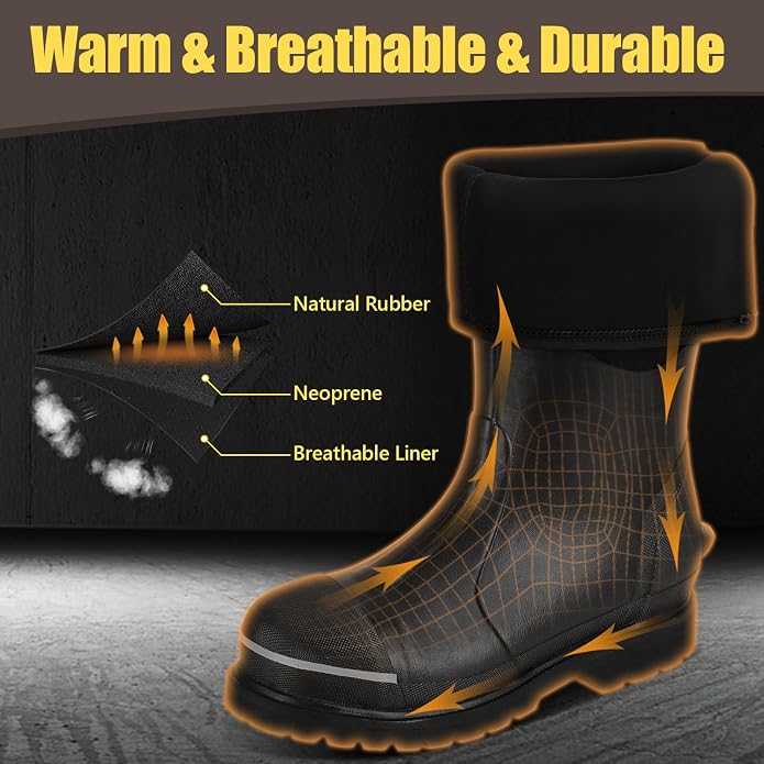 Kalkal Steel Toe Rubber Boots for Men - Waterproof Anti Slip Work Boots 6mm Neoprene Rain Boot Durable Hunting Boots with Steel Shank for Farming Gardening Construction Outdoor Work Size 5-14