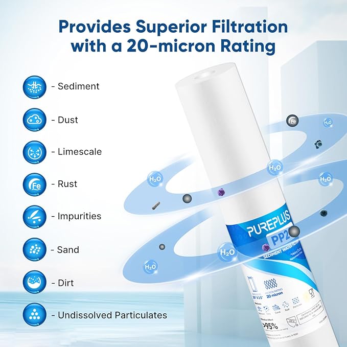 PUREPLUS 20 Micron 20" x 2.5" Whole House Sediment Home Water Filter, 20-inch Sediment Pre-Filtration, Replacement Cartridge Aqua Pure AP110-2C, Pentek P1-20/SP-P1-20/PX01-20, 6PACK