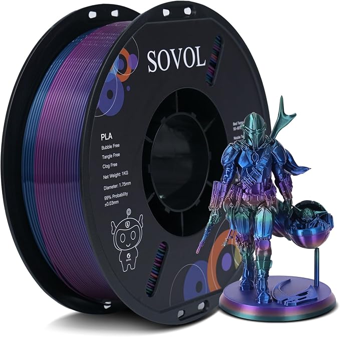 Sovol 3D Printer Silk Shiny Multicolored Fast Change Rainbow PLA 1kg (2.2 lbs) Spool 3D Printing Materials, Dimensional Accuracy +/- 0.03 mm, 1.75 mm, Purple Rainbow