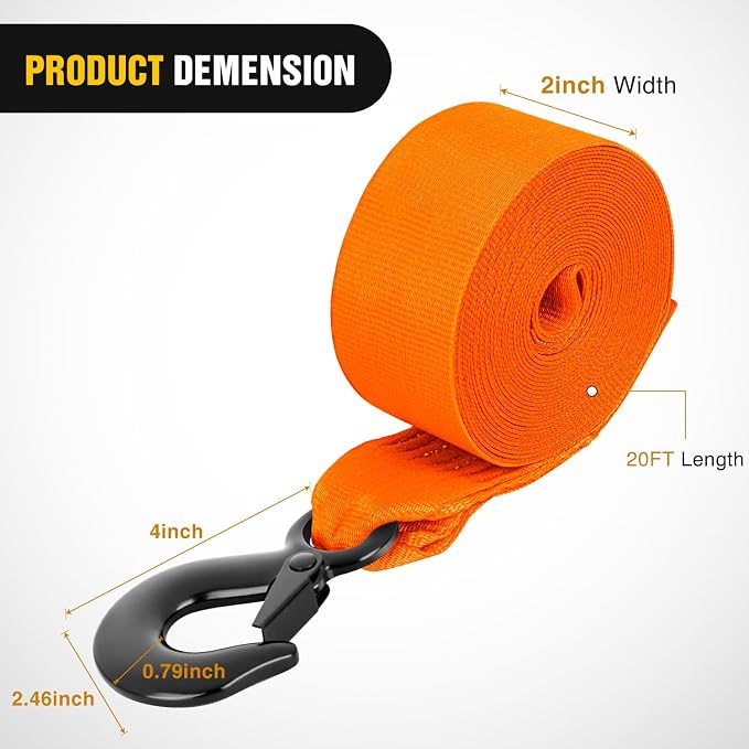 Boat Trailer Winch Strap 2 x 20Inch With Steel Hook 500 LBS Break Strength Winch Strap For Pontoon, Jet Ski, Fishing Boat