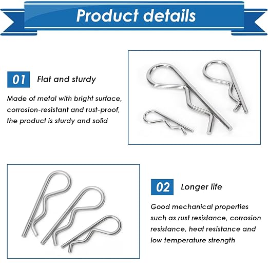 105Pcs Cotter Pin Assortment Kit - 304 Stainless Steel 7 Sizes R Clips Cotter Pins for Automotive, Trailer, Hitch Pin Lock System