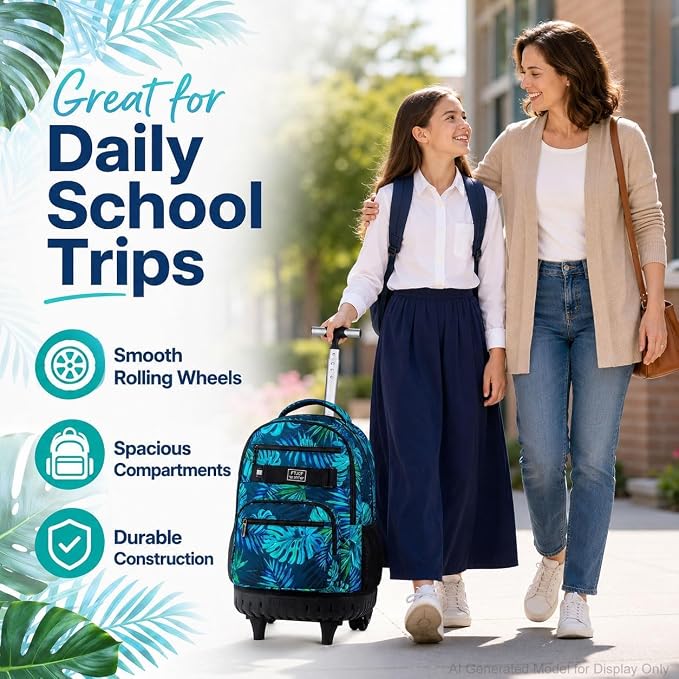 3Pcs Rolling Backpack for Boys Men, Travel Roller Backpacks with Wheels for Adults, Teens College Leaf Wheeled Bookbag with Lunch Box(Green)