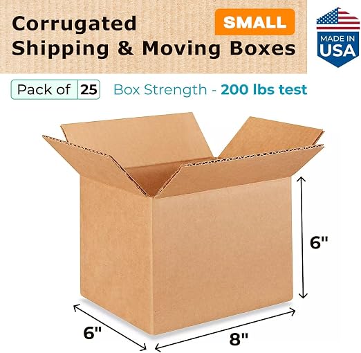 Small Moving & Shipping Boxes 8"L x 6"W x 6"H (25-Pack) - Extra Strength 200 lb vs Regular - USA-Made Corrugated Cardboard Boxes for USPS/UPS/FEDEX - Packing Box - Eco Shipping Box by IDL Packaging