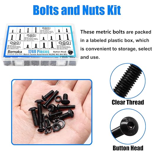 1749Pcs Metric Screw Assortment Kit, M2 M3 M4 M5 Metric Bolts and Nuts Kit with Lock & Flat Washers, 10.9 Grade Alloy Steel Button Head Socket Cap Screws for 3D Printing