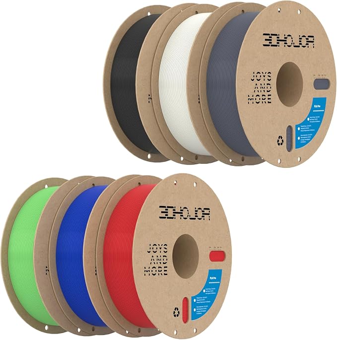 3DHoJor 6KG Bundle PLA+ Filament 1.75mm PLA 3D Printer Filament, 6 Pack 1kg(2.2lbs) Cardboard Spool, Dimensional Accuracy +/- 0.03mm, Fit Most FDM Printer (Black+Milky White+Grey+ Red+Green+Blue)