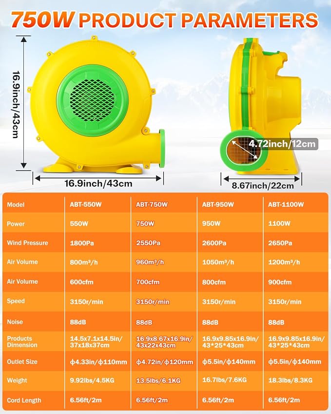 750W Bounce House Blower for Inflatables, 1HP Air Blower for Outdoor Bounce House, Water Slides, Air Sofa, Paint Booth and Other Suitable Outdoor inflatables Electric Air Pump Fan