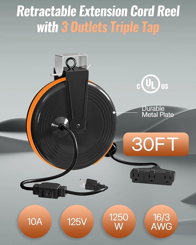 24W LED Work Light and 30 Ft Retractable Extension Cord Reel Bundle, for Garage, Workshop, Car Repair Scene Y05WL06-B30ACR06