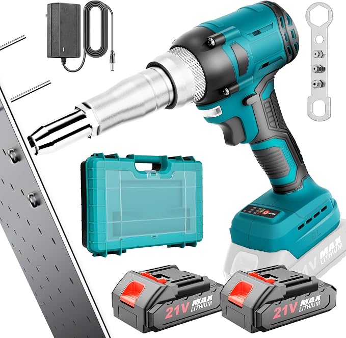 Cordless Rivet Gun with 2×2.0Ah Battery, Automatic Electric Rivet Gun Tool Brushless Pop Rivet Gun Kit for 3/32", 1/8", 5/32", 3/16" Rivets for Metal, Plastic and Leather