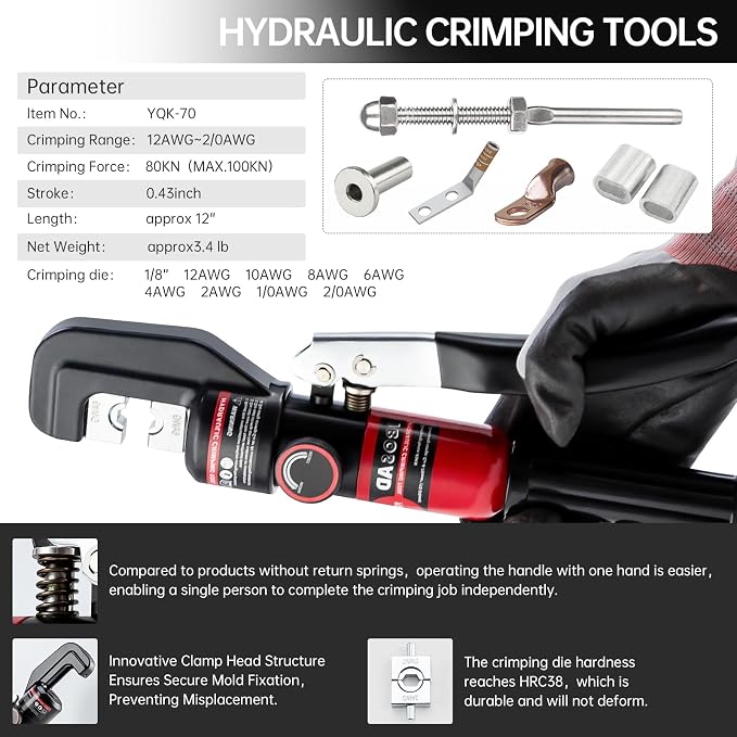 Hydraulic Crimping Tool and Cable Cutter Hydraulic Cable Lug Crimper 8 US TON 12 AWG to 00 (2/0) Electrical Terminal Cable Wire Tool Kit with 9 Die